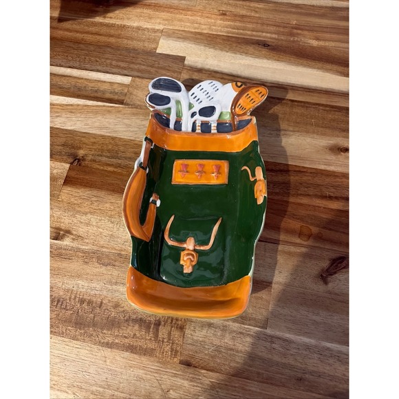 Other - Vintage Golf Bag Ceramic Trinket Dish Hand Painted Green Orange Catchall Tray
